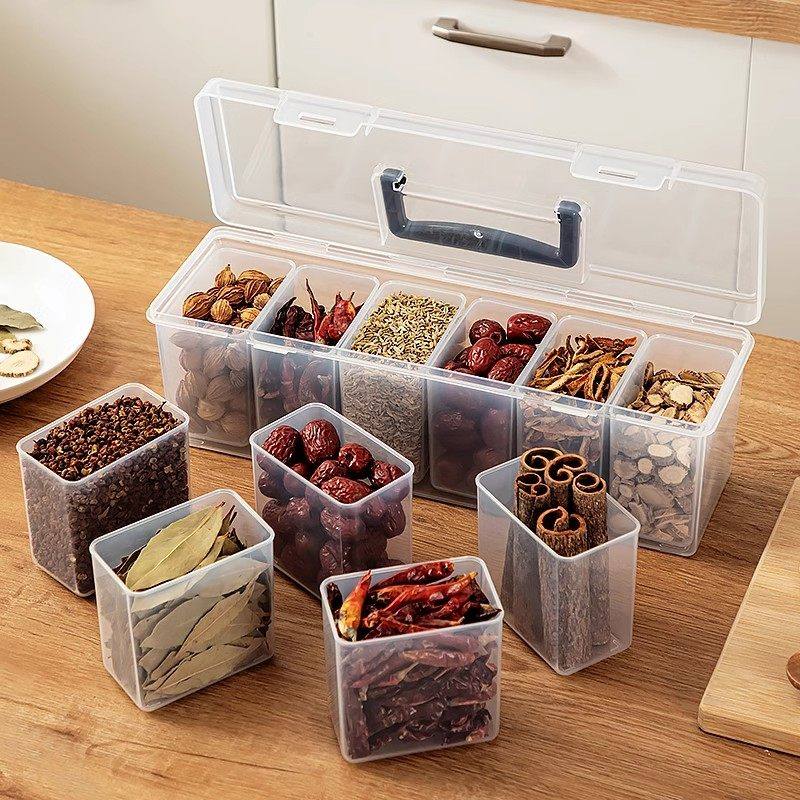 日式厨房香料收纳盒六格花椒八角桂皮分格调料罐带盖防尘密封盒子,收纳整理,桌面收纳盒,淘宝优惠券,粉丝福利购,淘宝优惠卷