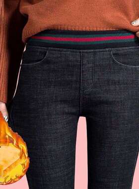 素芊雅松紧高腰弹力仿牛仔女裤小脚长裤春夏新款显瘦弹力黑色裤子