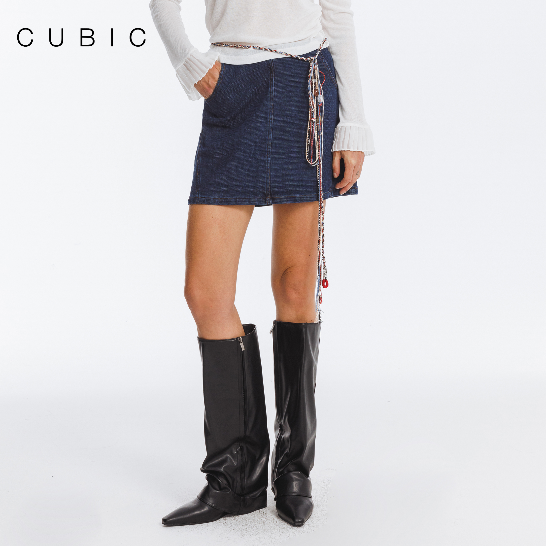 CUBIC复古无腰头牛仔短裙