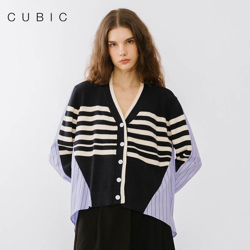 CUBIC条纹拼接衬衫撞色针织