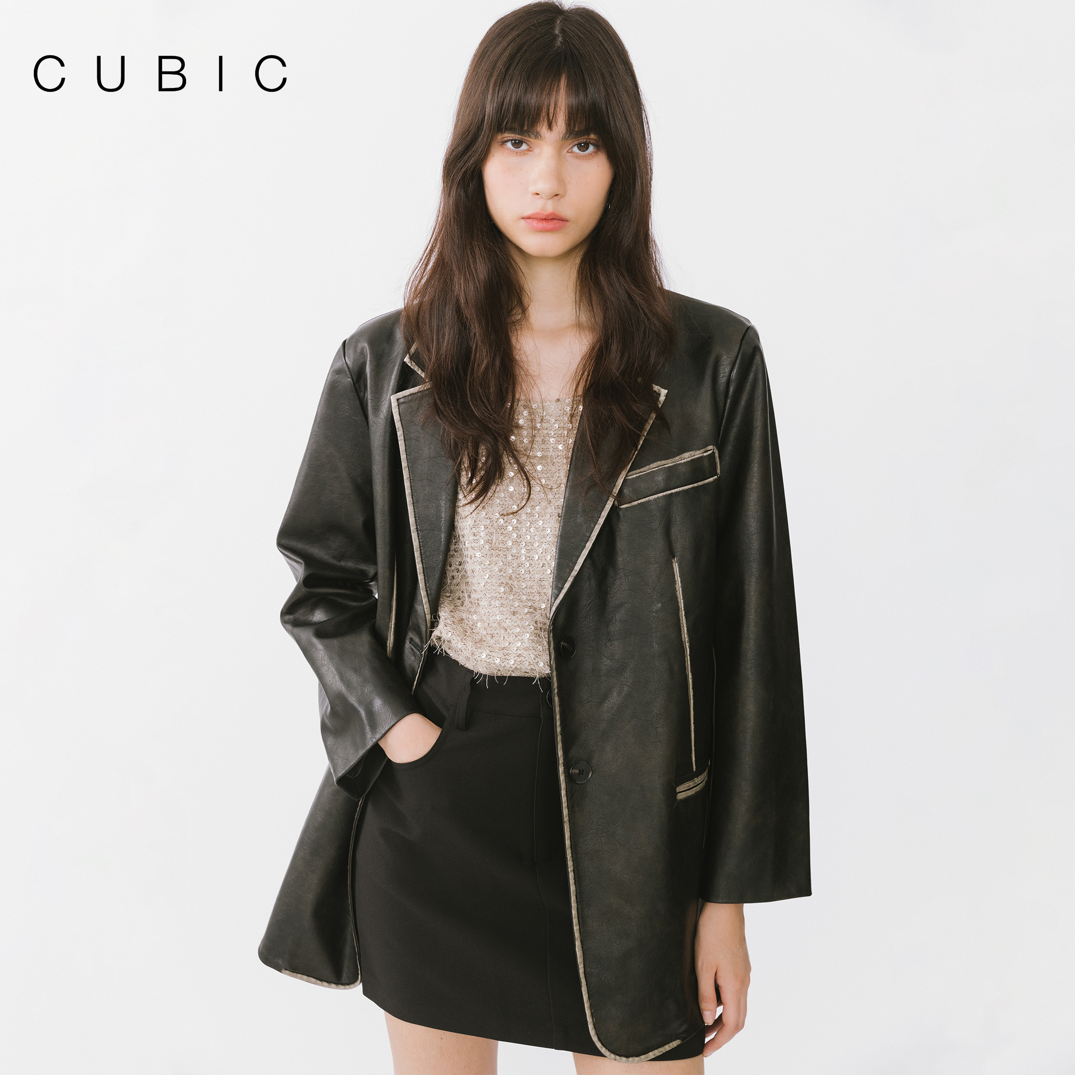 CUBIC水洗做旧宽松皮衣外套