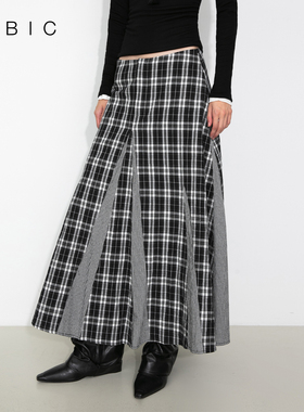 CUBIC复古休闲风经典格纹拼接纯棉秋冬A字廓形半裙