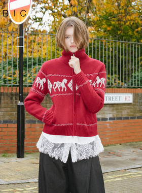 CUBIC趣味图案提花设计绵羊毛混纺立领双开头拉链针织开衫毛衣