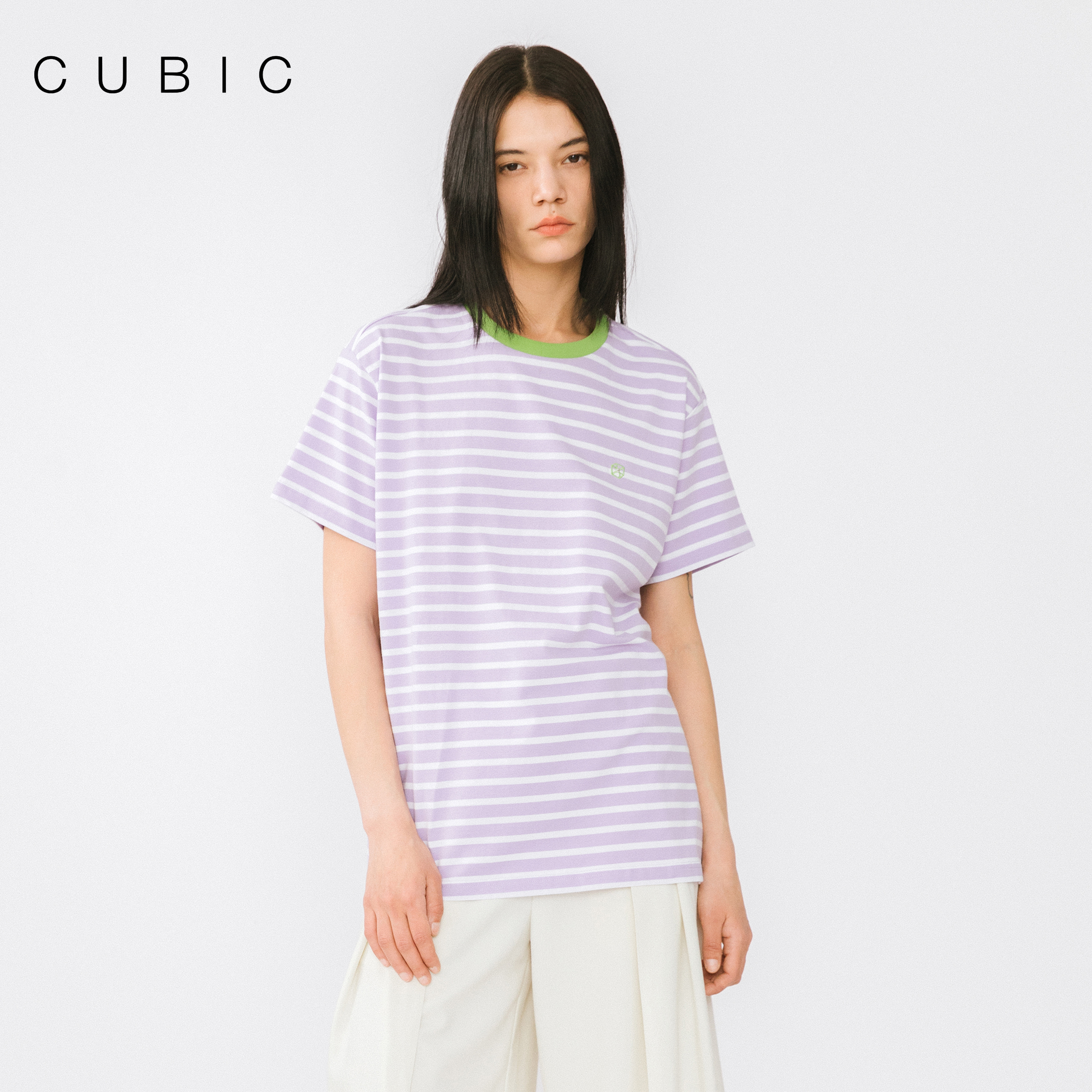 CUBIC经典条纹短袖T恤刺绣标撞色领口宽松休闲上衣