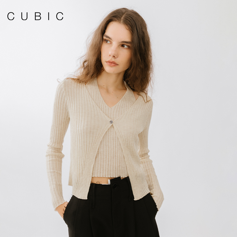 CUBIC休闲简约修身挂脖假两件打底针织衫