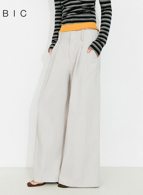 CUBIC复古休闲自然垂坠高腰宽松褶皱廓形灰色纯棉阔腿裤