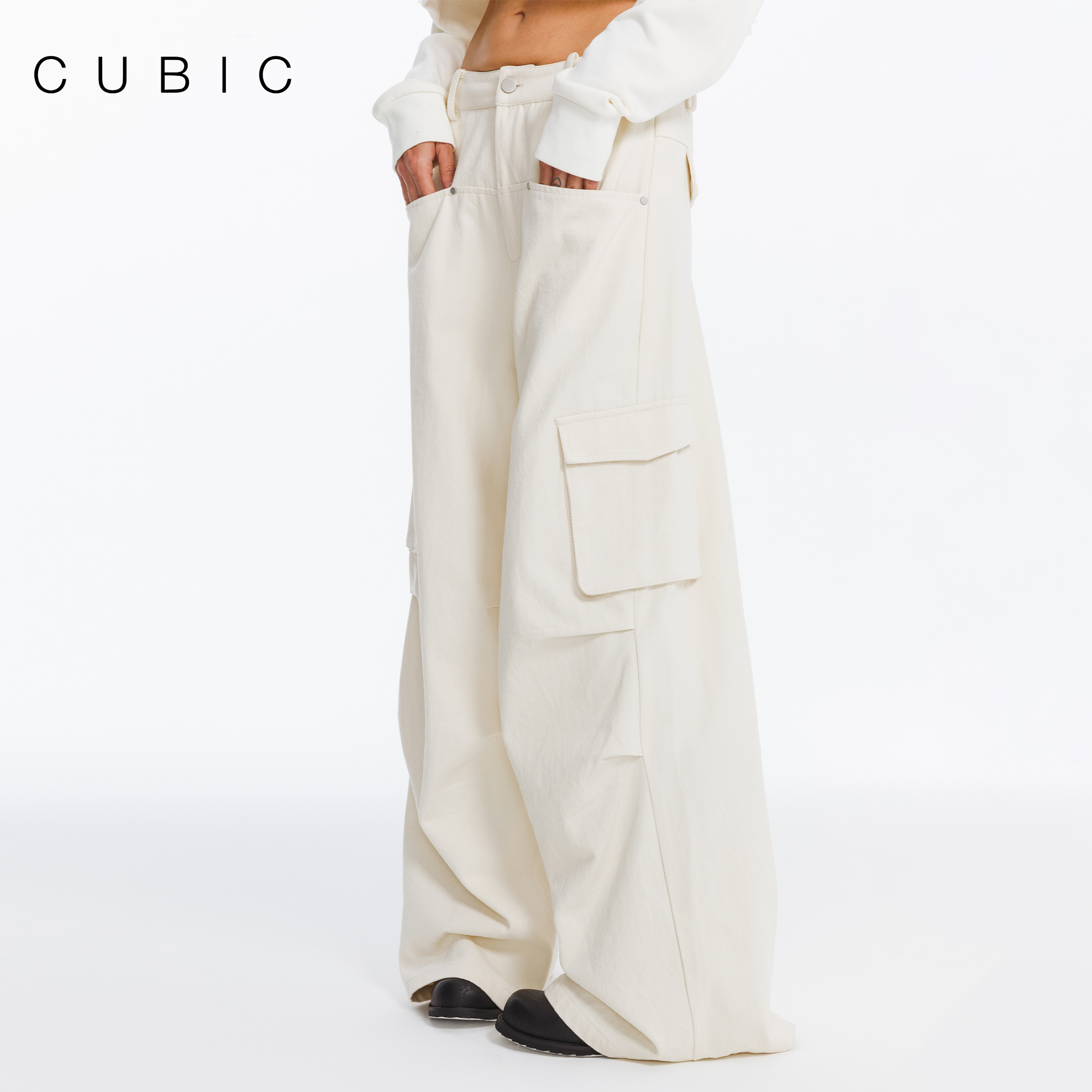 CUBIC高腰斜纹直筒休闲工装裤