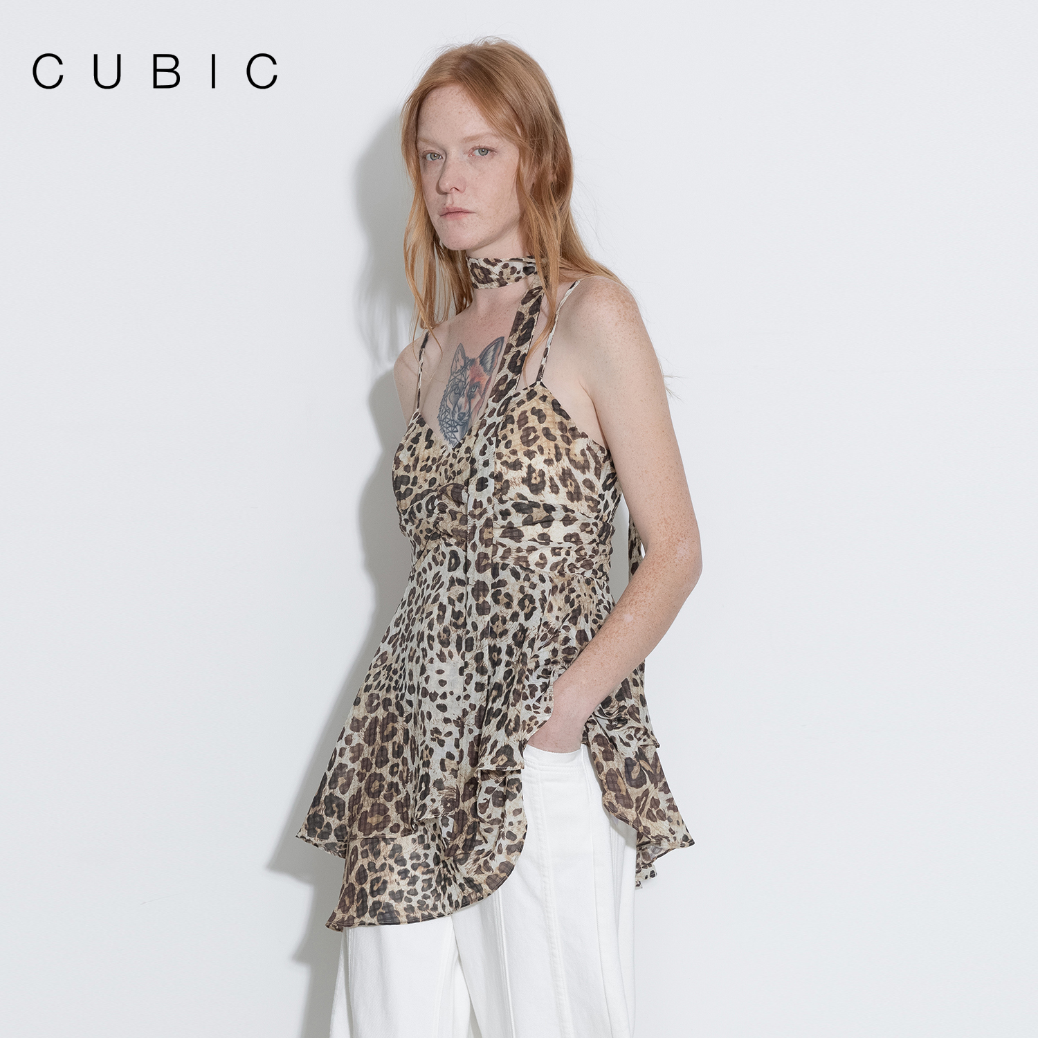 CUBIC豹纹印花荷叶边下摆吊带