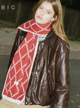 CUBIC 经典绵羊毛混纺双面提花图案红白格纹冬款氛围感长款大围巾