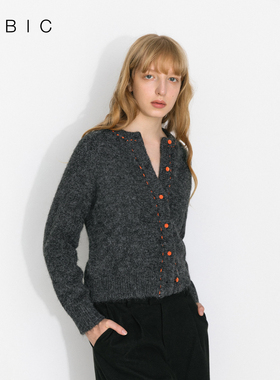 CUBIC经典复古趣味撞色羊毛混纺宽松直筒圆领廓形开衫毛衣