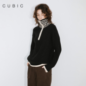 CUBIC经典 通勤撞色毛衣 显瘦Polo领落肩款 时尚 英伦风条纹时尚