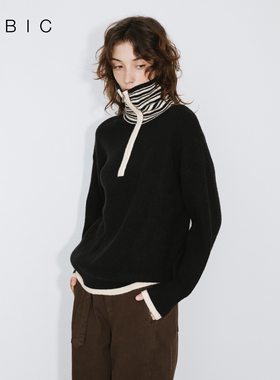 CUBIC经典时尚英伦风条纹时尚显瘦Polo领落肩款通勤撞色毛衣