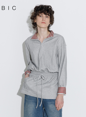 CUBIC邱园之旅 复古格纹拼接肌理感半拉链翻领收腰抽绳灰色卫衣