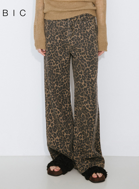 CUBIC复古水洗做旧棉感休闲百搭阔腿裤直筒显瘦美式豹纹牛仔裤