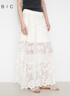 CUBIC马里波恩 优雅肌理感条纹印花蕾丝针织拼接A字蕾丝半裙