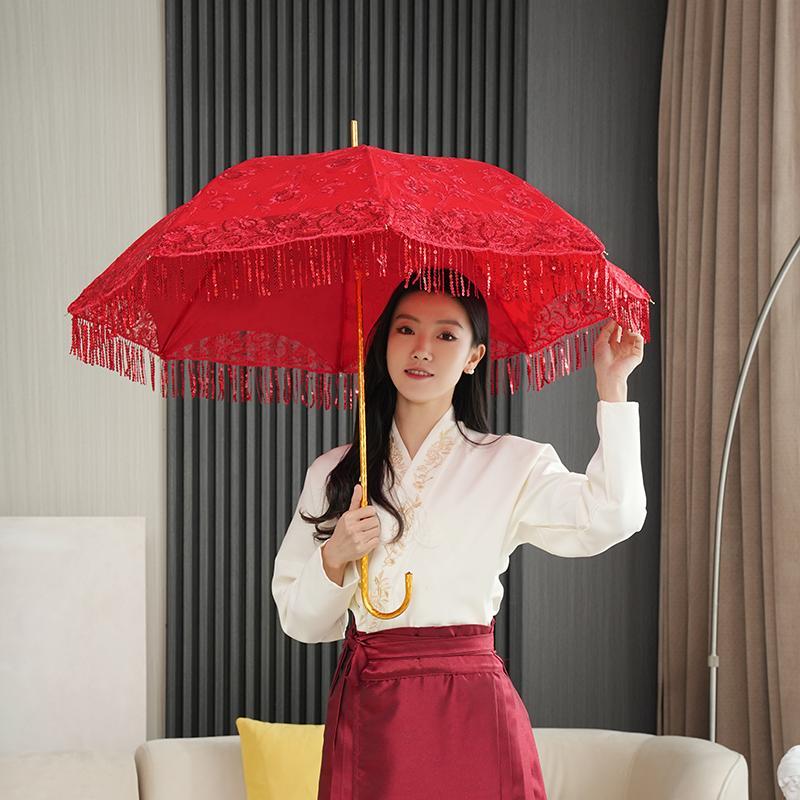 禾絮红色蕾丝刺绣双层防雨长柄伞