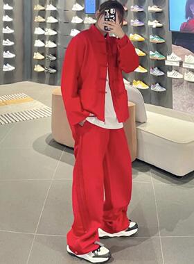 秋季经典三杠杨桂东联名新中式盘扣高街休闲运动直筒长裤男女同款