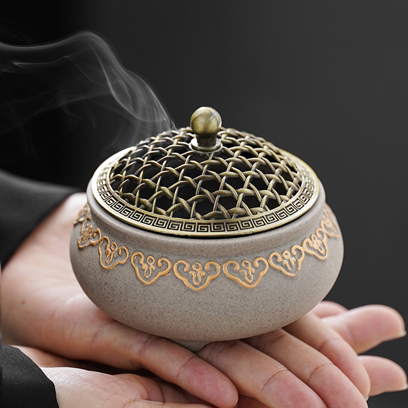 莲花陶瓷熏香盘香炉蚊香炉家用室内创意摆件香插茶道檀沉香熏炉