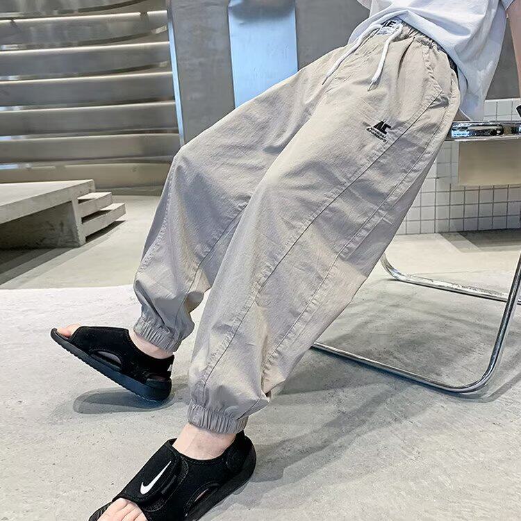 全棉儿童男裤子夏季薄款纯棉拼接刺绣工装裤中大童男孩韩版长裤潮