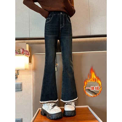 全棉女童喇叭裤2025冬季新款一体绒加绒加厚牛仔裤中大儿童微喇长