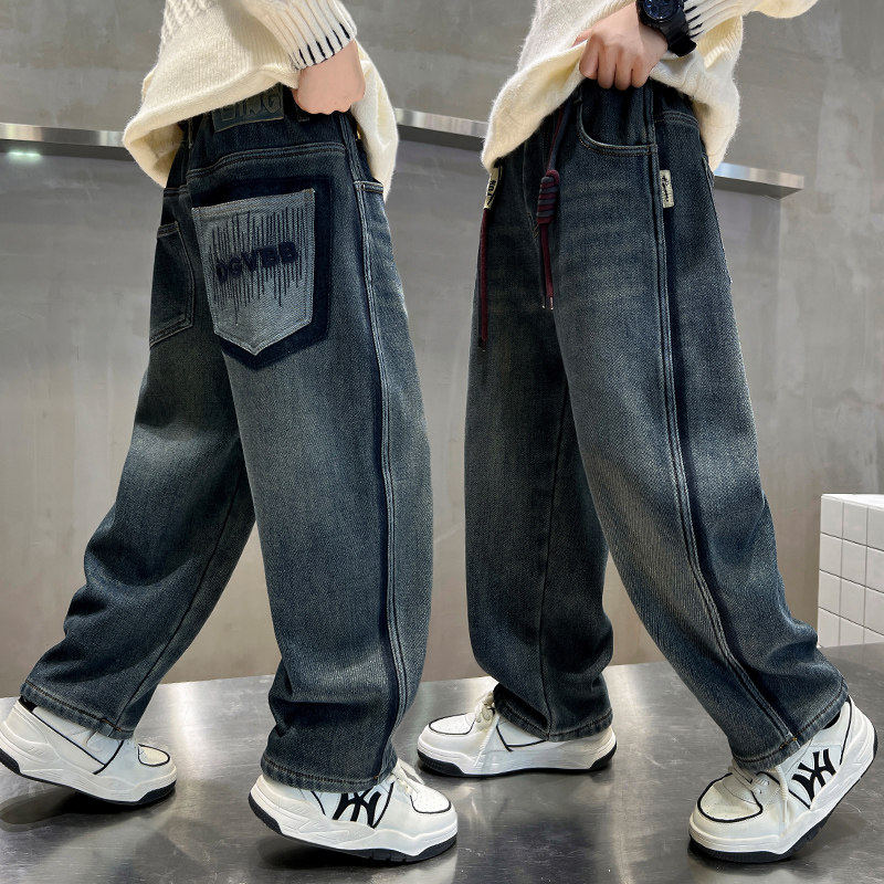 全棉男童牛仔裤春秋2026新款男孩长裤儿童大童直筒休闲阔腿潮