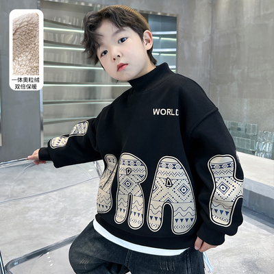 全棉达人男童加绒卫衣半高领秋冬款新款大儿童冬季一体绒厚上衣