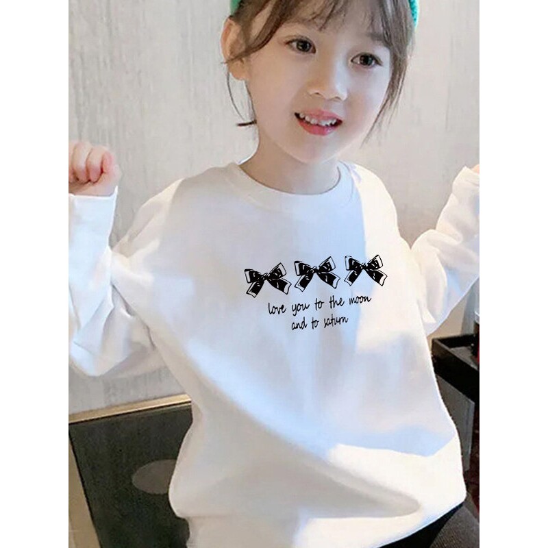 全棉女童白色蝴蝶结长袖春秋新款纯棉中大儿童宽松简约T恤内搭打