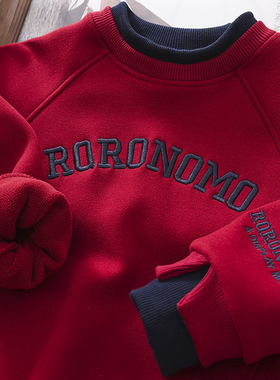 全纯棉男童加绒红色卫衣冬季2025中大童加厚假两件儿童装刺绣字母