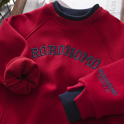全纯棉男童加绒红色卫衣冬季2025中大童加厚假两件儿童装刺绣字母
