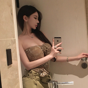 MIMIWU金属感抹胸上衣女性感一字肩重工艺亮片花朵无肩带吊带背心