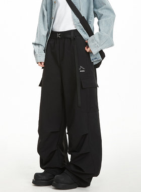 NOONOZ美式户外褶皱工装裤男新款潮牌街舞裤子宽松直筒休闲冲锋裤