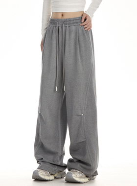 NOONOZ直筒灰色卫裤男新款宽松垂感嘻哈设计感潮牌美式运动休闲裤