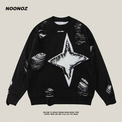 NOONOZ美式套头圆领破坏风毛衣