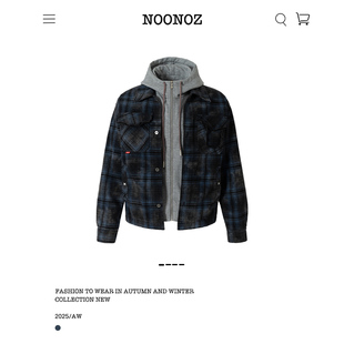 NOONOZ美式复古格纹假两件连帽外套男潮牌中性风秋冬老钱风夹克