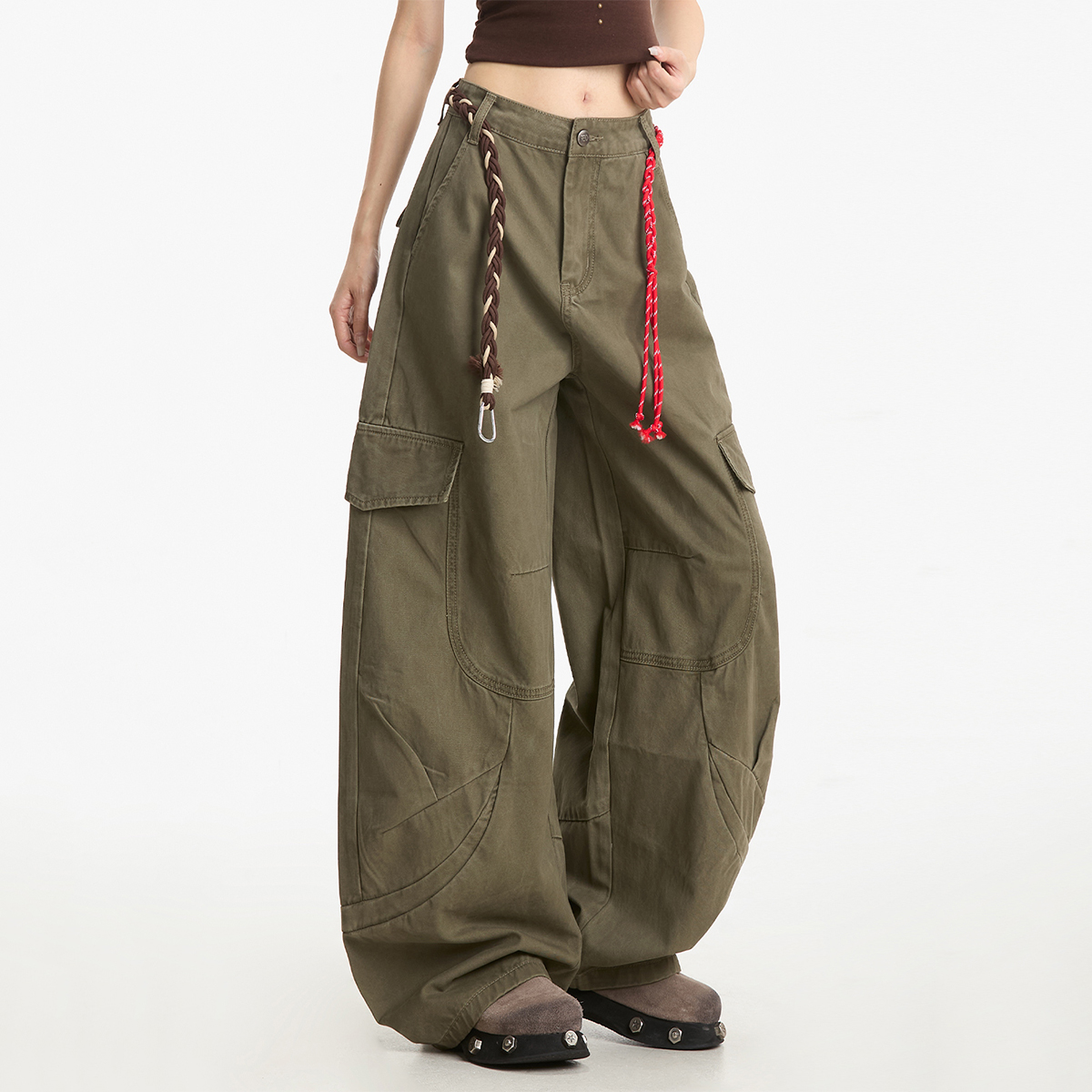 欧美街头腰绳挂饰多口袋工装裤