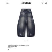 NOONOZ美式 子显瘦阔腿长裤 泼墨弯刀牛仔裤 男中性风潮牌做旧水洗裤