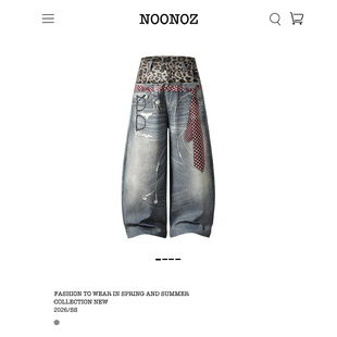 NOONOZ豹纹3D领带印花弯刀牛仔裤男潮牌街头宽松嘻哈水洗阔腿裤子
