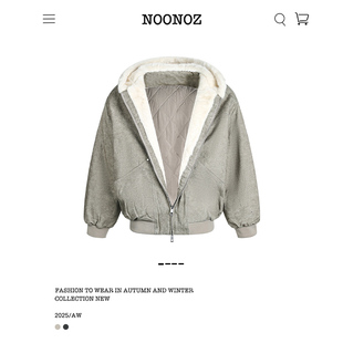 NOONOZ美式复古大理石纹理毛绒领棉衣男秋冬潮牌中性风保暖外套