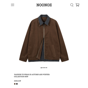 NOONOZ美式复古撞色格子假两件工装夹克男潮牌秋冬中性风百搭外套