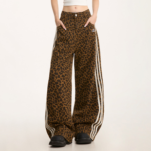 NOONOZ豹纹三条杠拼接弯刀工装裤男美式复古宽松直筒裤子休闲长裤