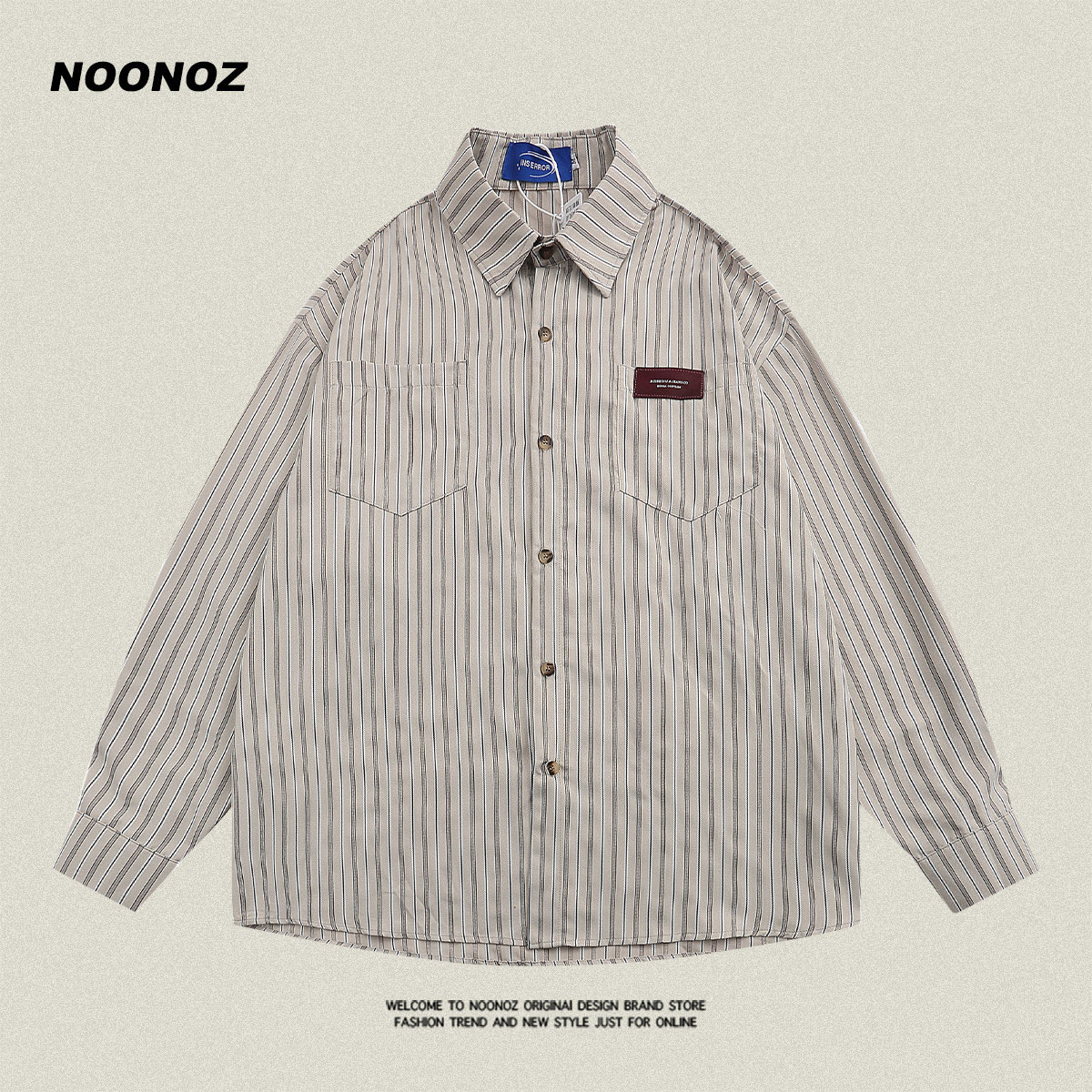 NOONOZ翻领长袖日系条纹衬衫