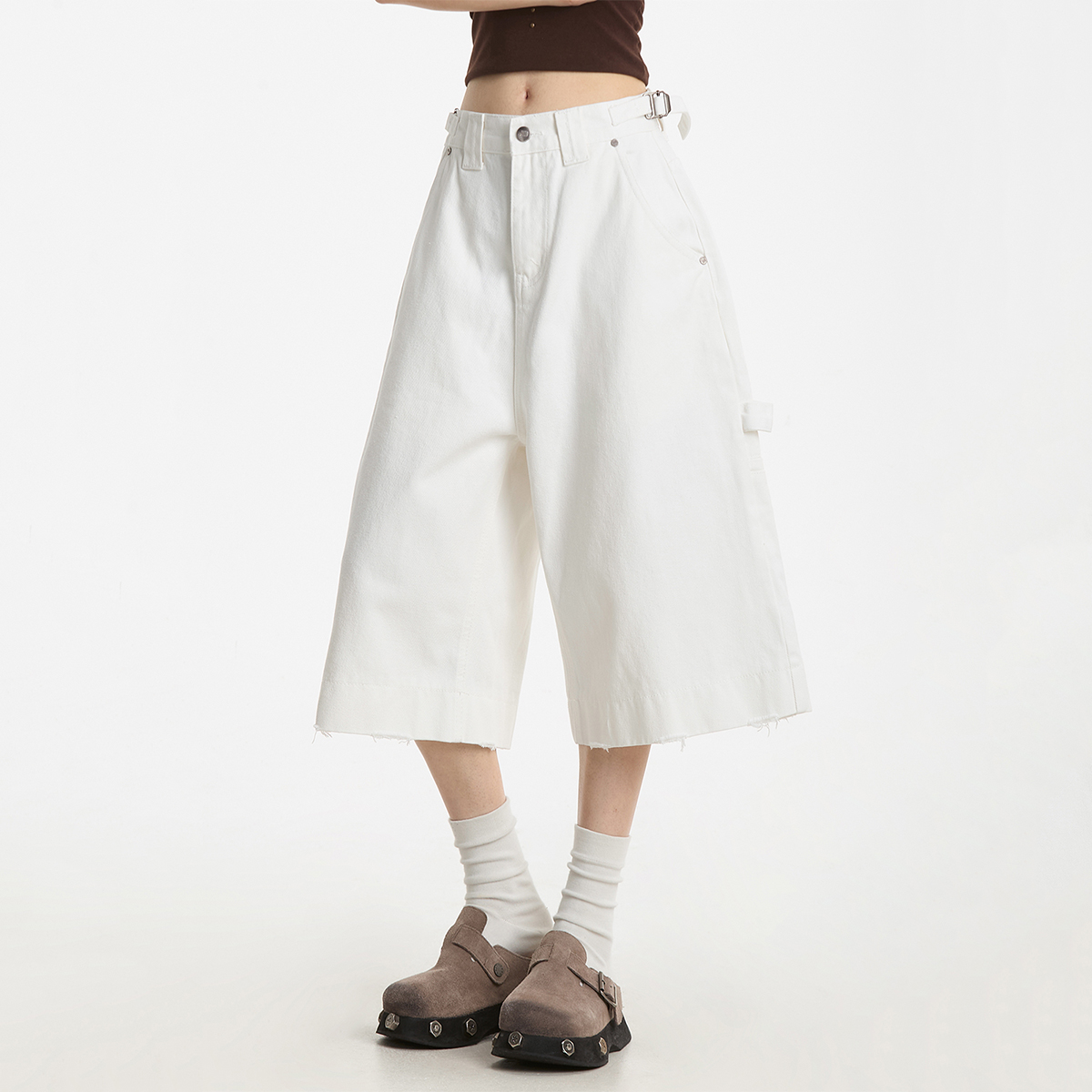 白色阔腿牛仔七分裤男夏季