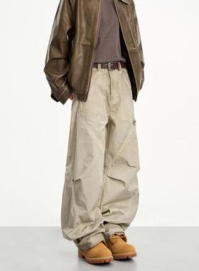 NOONOZ美式高级感褶皱工装裤男春夏新款户外运动宽松直筒跳舞裤子