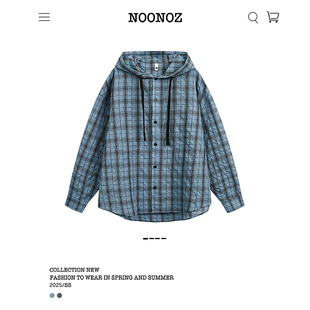 NOONOZ户外速干防晒格纹连帽衬衫男夏季潮牌美式情侣中性风外套