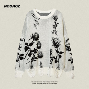 NOONOZ欧美高街vibe破洞玫瑰提花套头毛衣男秋冬潮流痞帅针织衫