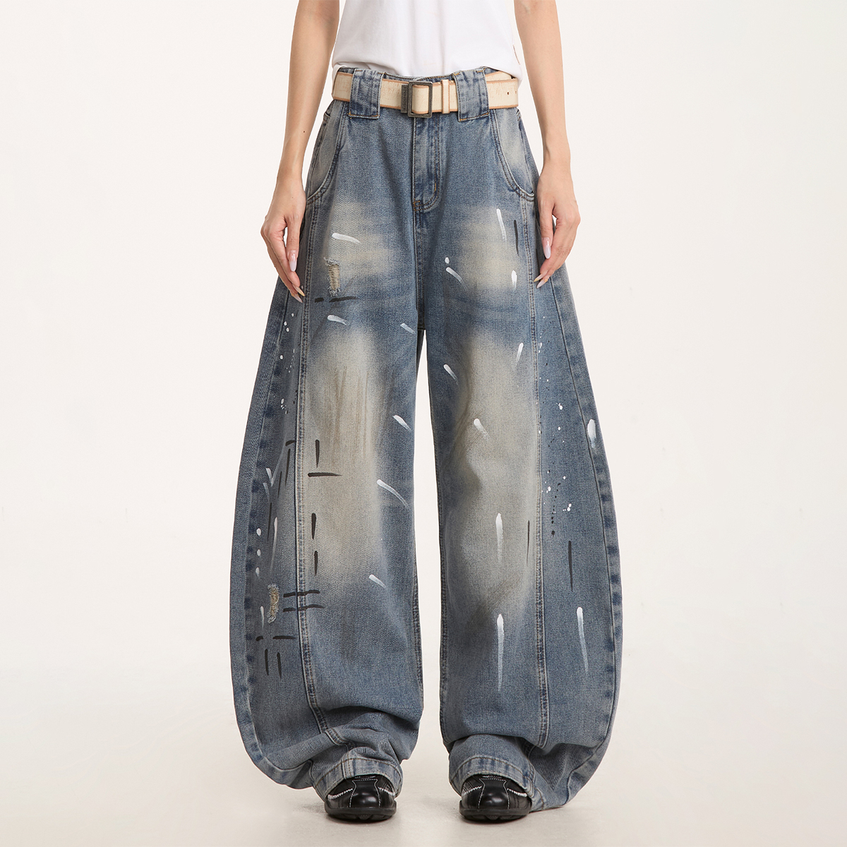 NOONOZ泼墨涂鸦弯刀牛仔裤