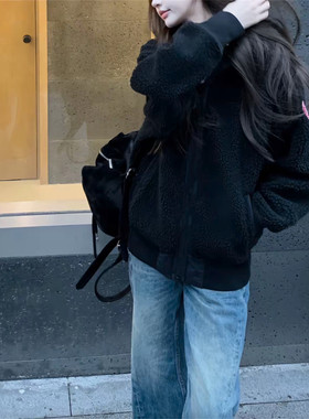 时尚羊羔绒外套女秋冬季新款宽松显瘦连帽拉链保暖加厚黑色摇粒绒