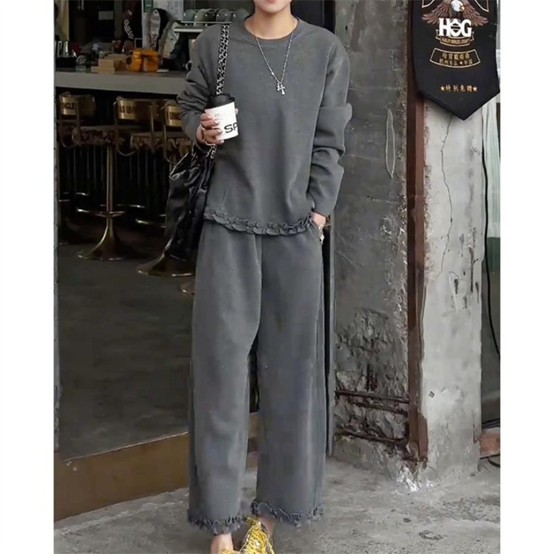高级感灰色时尚休闲套装女2025秋冬新款宽松减龄卫衣阔腿裤两件套