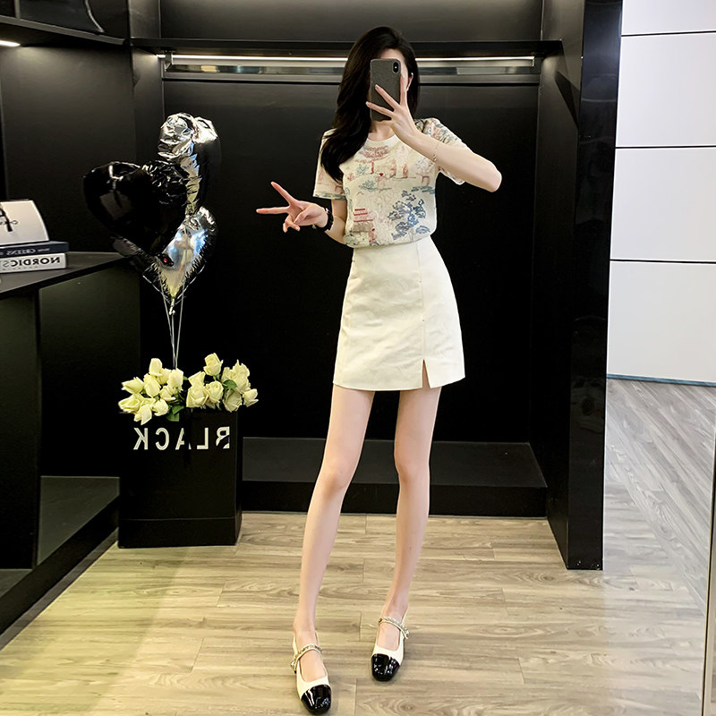 中式国风短袖白色短裙两件套女装