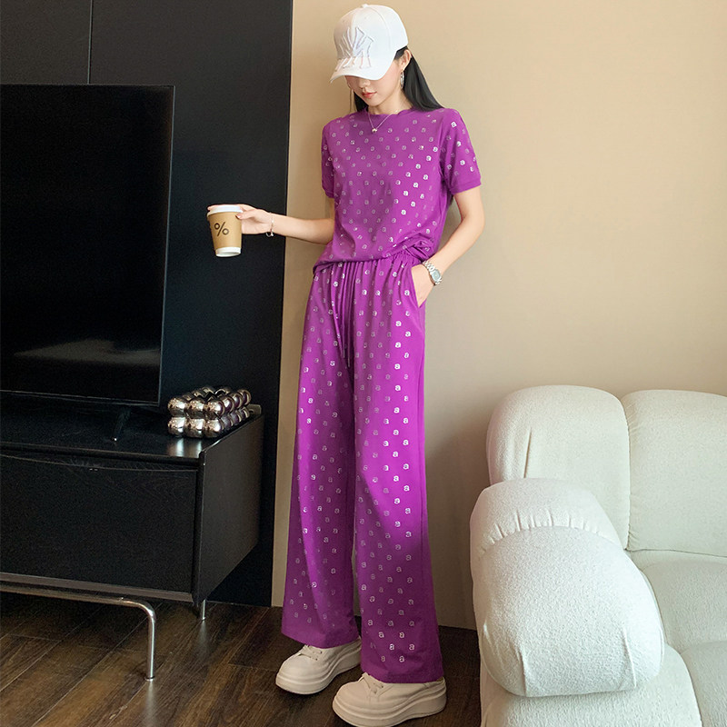 紫色运动套装女烫钻短袖阔腿裤